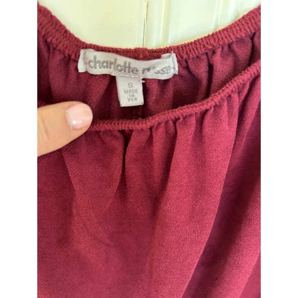 Charlotte Russe S Burgundy Y2K Faux Suede Off Shoulder Boho Peasant FloralTop - Picture 2 of 9